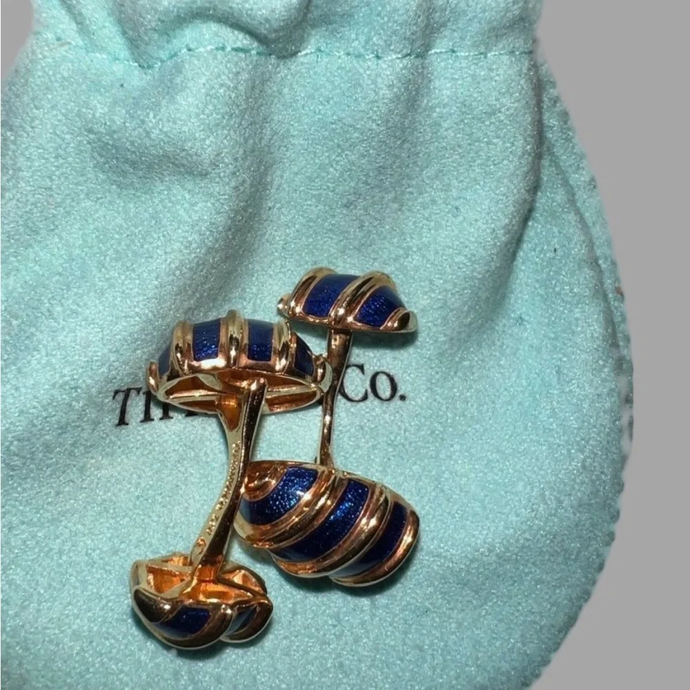 Tiffany Schlumberger Olive Cuff Links 18k‎ Gold Blue Enamel worn once with pouch